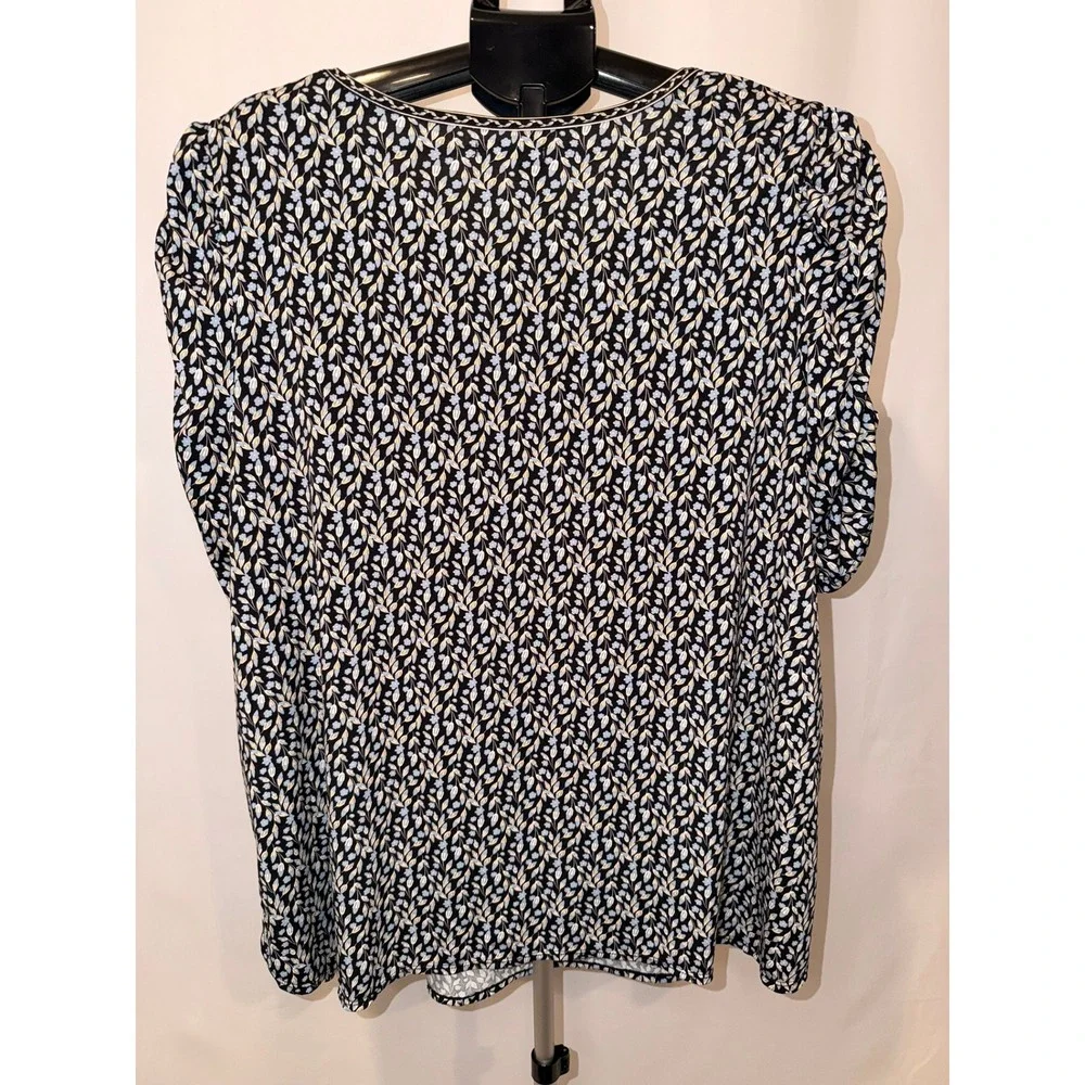 Max Studio London Puff Sleeve Floral Top Black Blue Women XL 3W02W38